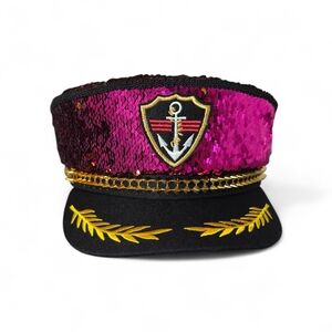 Sequin Sailor Cap with Gold Embroidery - Pink
